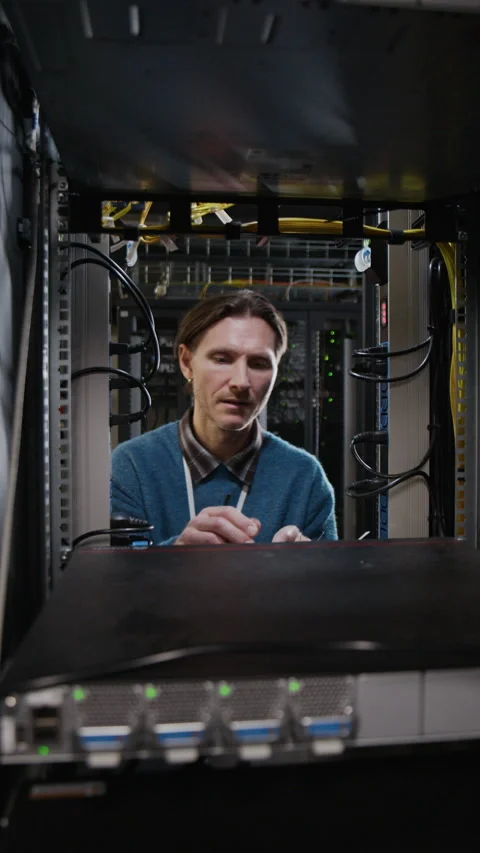 Technician Inspecting Server Rack in Data Center Stock Footage 330546789