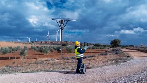 Technician inspecting solar panel and wind turbines in sustainable energy far Stock Photos