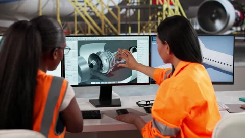 Technician Inspects Aircraft Engine Using CAD Software Stock Footage 333401071