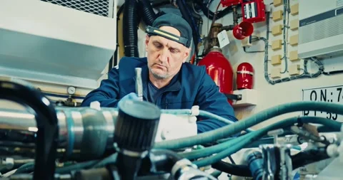 Technician Inspects Machinery in Industrial Engine Room Stock Footage 323772034