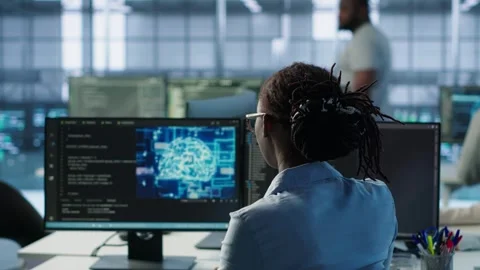 Technician inspects rackmounts in server room using artificial intelligence tech Stock Footage 319246585