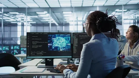 Technician inspects rackmounts in server room using artificial intelligence tech Stock Footage 319259393