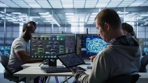 Technician inspects rackmounts in server room using artificial intelligence tech Foto stock