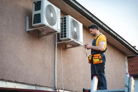 Technician installing an air conditioner on the wall of a house Stock Photos