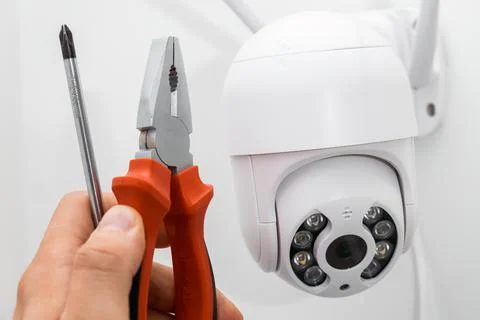 Technician installing CCTV camera using pliers and screwdriver Stock Photos
