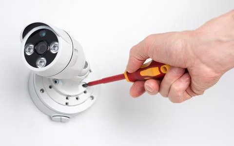 Technician installing CCTV camera video security Stock Photos