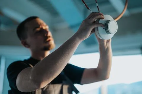 Technician installing a ceiling-mounted smoke detector device in a modern Stock Photos