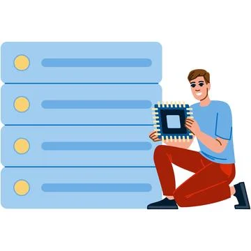 Technician installing microchip on server, database maintenance and it suppor Stock Illustration