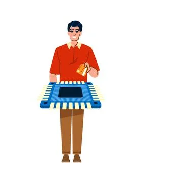 Technician installing microchip using sim card on motherboard Stock Illustration