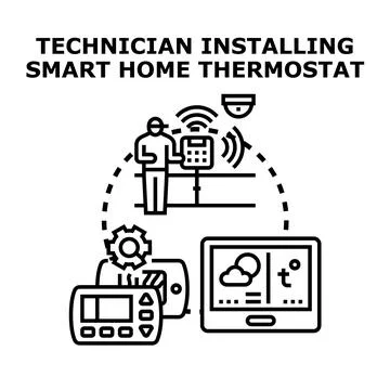 Technician installing smart home climate control system Illustrazione stock
