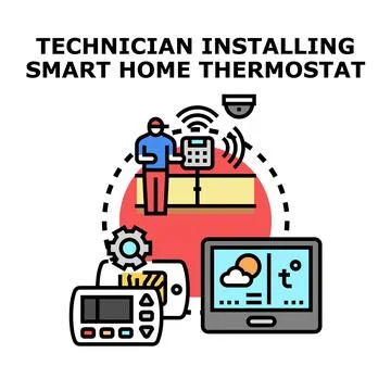 Technician installing smart home climate control system Stock Illustration