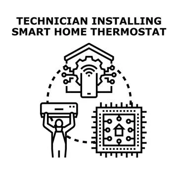 Technician installing smart home thermostat system icon 스톡 일러스트