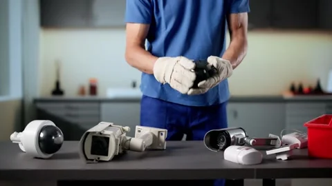 Technician Installing Surveillance Security Camera Video 스톡 동영상 317399082