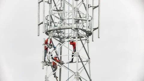 Technician Installing Telecommunication Tower of 4G and 5G cellular. Stock Footage 159507535