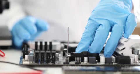 Technician installs processing unit microchip on motherboard Stock Footage 312157706