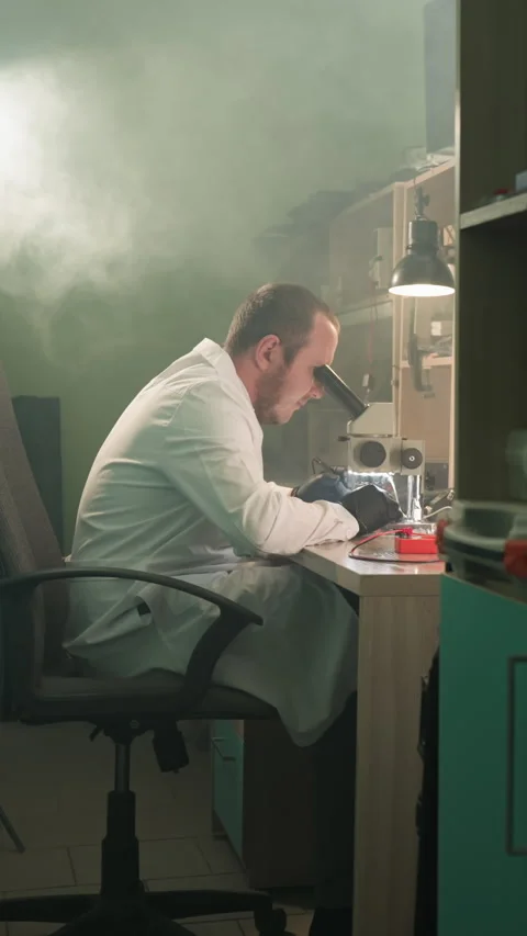 Technician in Lab Coat Working on Electronics Under Microscope Video stock 310490691