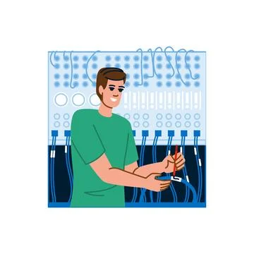 Technician labeling cables of server rack in datacenter Stock Illustration