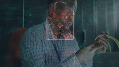 Technician lifting cables, inspecting connectors while ensuring network security Stock Footage 310430672