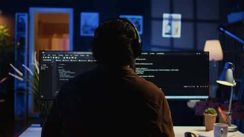Technician listening music while using coding to fortify firewalls Stock Footage 265617444