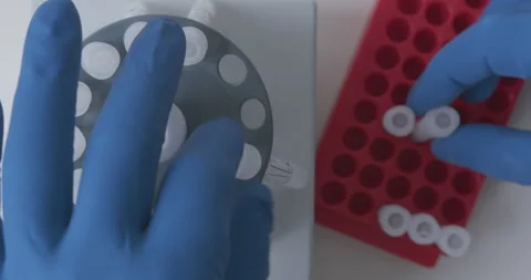 Technician loads the samples with the sample into the laboratory centrifuge 스톡 동영상 149680220
