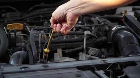 Technician is looking at car engine oil levels Stock Footage 297654581