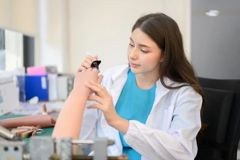 Technician making prosthetic device using grinder to smooth socket Stock Photos