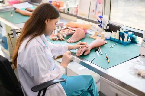 Technician making prosthetic device using grinder to smooth socket 스톡 사진
