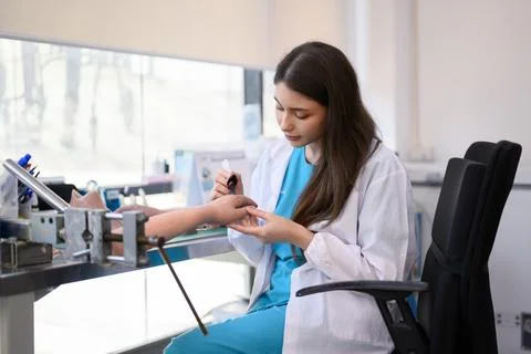 Technician making prosthetic device using grinder to smooth socket Stock Photos