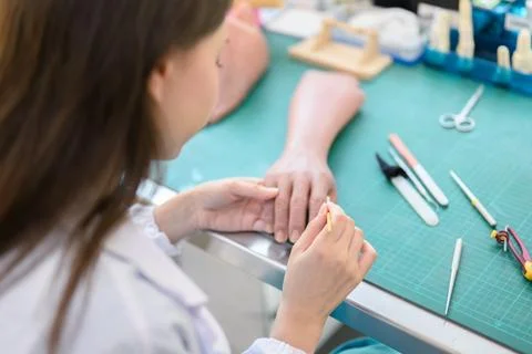 Technician making prosthetic device using grinder to smooth socket Stock Photos