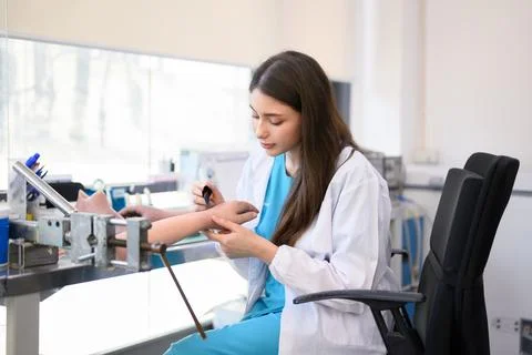 Technician making prosthetic device using grinder to smooth socket Stock Photos