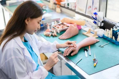 Technician making prosthetic device using grinder to smooth socket Stock Photos
