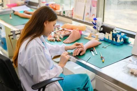 Technician making prosthetic limb device at laboratory Stock Photos