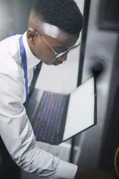 Technician, man or laptop for server room inspection for diagnostics, hardw.. Stock Photos