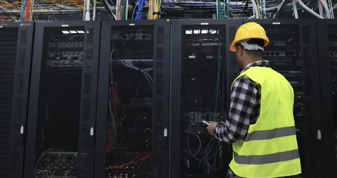 Technician man at work inside server room Stock Footage 149302578
