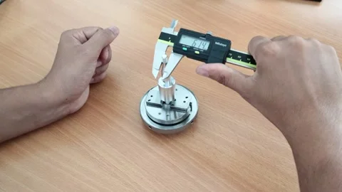 Technician measures dimensions using caliper Stock Footage 256477578