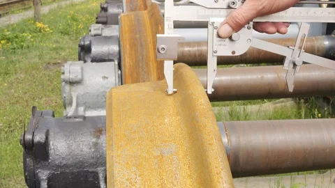 A technician measures train wheel to ensure safety, emphasizing precise work Stock Footage 279367701