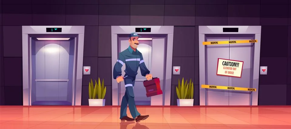 Technician mechanic at broken elevator maintenance Ilustración de archivo