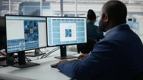 Technician in microchip factory RD workspace optimizing production with PC Stock Footage 335880548