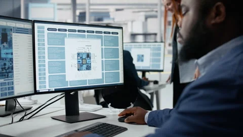 Technician in microchip factory RD workspace optimizing production with PC Video stock 335882334