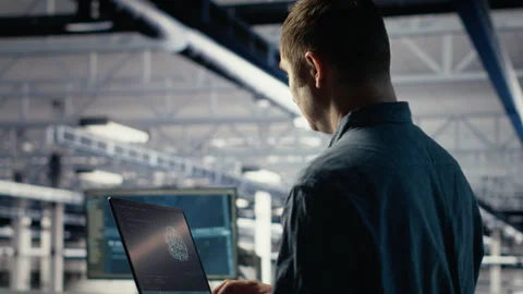 Technician monitors server room activity using laptop while walking in facility Stock Footage 314685456
