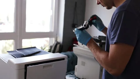 Technician open cover printer fix repair problem and cleaning transfer belt Stock Footage 287504873