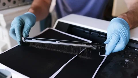 Technician open cover printer fix repair problem and cleaning transfer belt Stock Footage 287504897