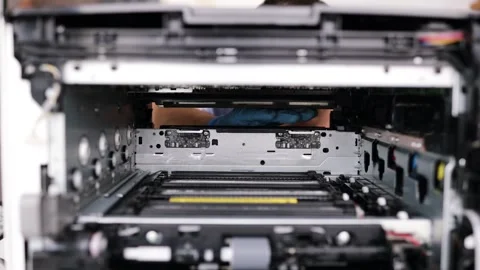 Technician open cover printer fix repair problem and cleaning transfer belt Stock Footage 287505030