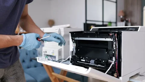 Technician open cover printer fix repair problem and cleaning transfer belt Stock Footage 287505160