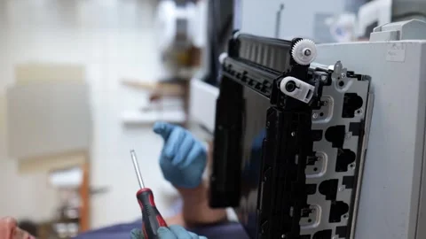 Technician open cover printer fix repair problem and cleaning transfer belt Stock Footage 288026455