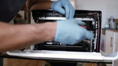 Technician open cover printer fix repair problem and cleaning transfer belt Stock Footage 288026945