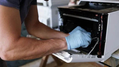 Technician open cover printer fix repair problem and cleaning transfer belt Stock Footage 288026947