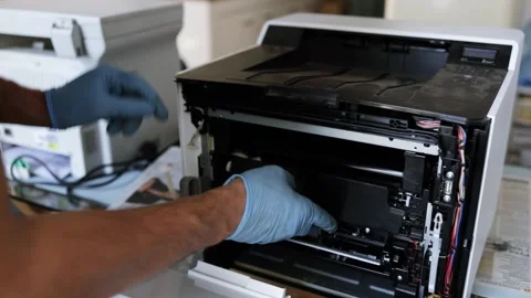 Technician open cover printer fix repair problem and cleaning transfer belt Stock Footage 288026972
