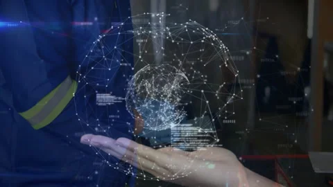Technician opening drawer revealing palm digital grid forming rotating data Stock Footage 310326357