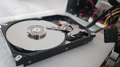 A technician opening a hard disk casing while the HDD is reading data. Stock Footage 328798918